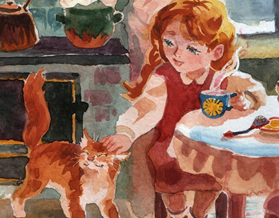 Girl and her red cat