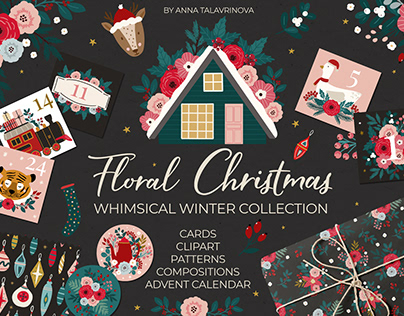 Floral Christmas seamless pattern and clipart set