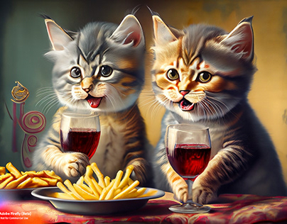 Kittens Eating French Fries and Drinking Wine