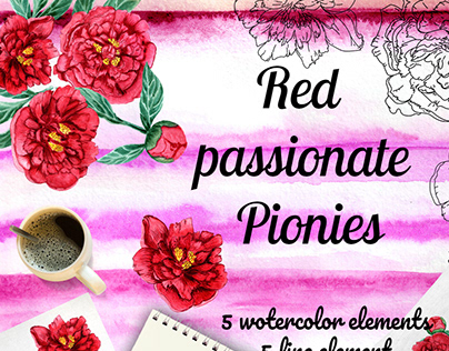Red passionate piones. Watercolor and line art flowers