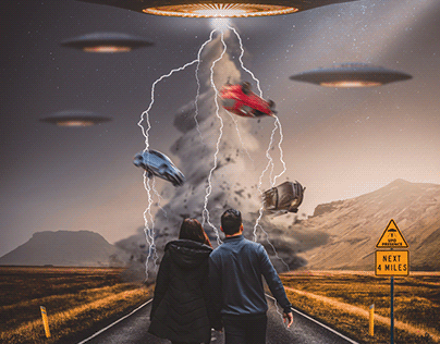 Collage. UFOs kidnap people.