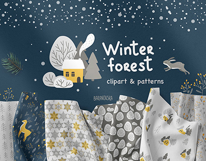 Winter forest. Clipart and patterns