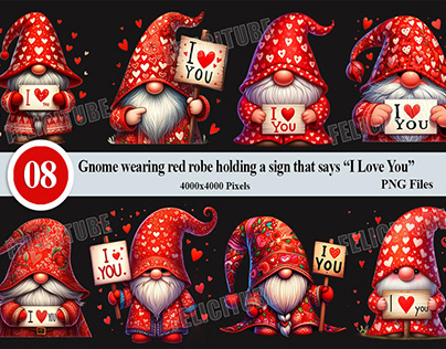 Gnome Wearing Red Robe & Sign I Love You Set PNG Files
