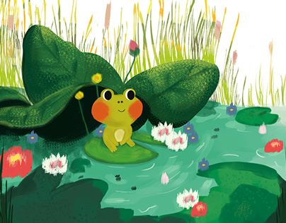 Frog sitting with water and flowers