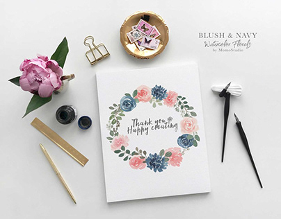 Blush and Navy Watercolor Florals