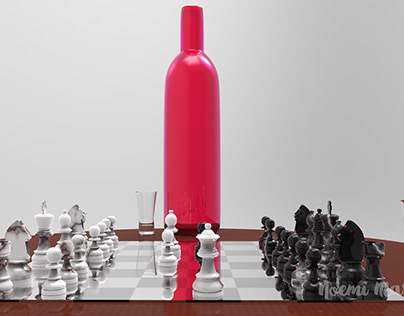 3D Bottle, Glass & Chess Pieces