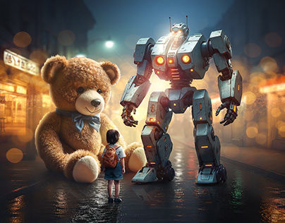 manipulation , Huge Robot with teddy and small boy