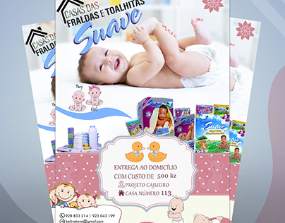 Panfleto publicitário de flaldas e tualitas para bebes