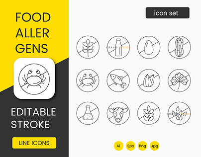 Food allergens set of line icons in vector