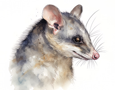 Possum Animal Portrait Watercolor Painting