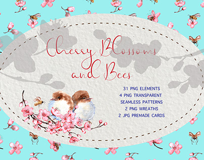 Cherry Blossoms and Bees Clip Art
