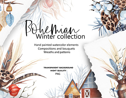 Bohemian winter collection. Hand painted watercolor