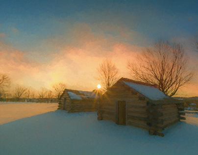 Two Huts and the Sun in Snow