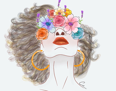 Flores e cabelo esvoaçante