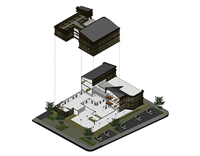 Multiple axis axonometric building section of "Kawung"