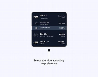 UI Card to Select Your Ride According to Preference