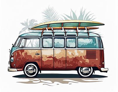 Surfer van with surfboard watercolor