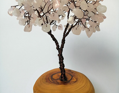 Wire tree sculpture - olive wood and rose quartz