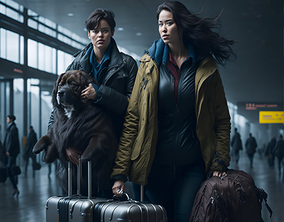Women walking through airport (With Dog)