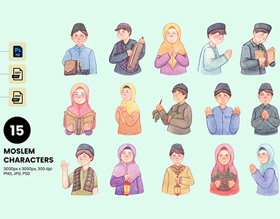 Ramadan Muslim Watercolor Characters