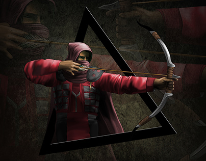 Hood man Aiming with arrow bow Logo digital paint art