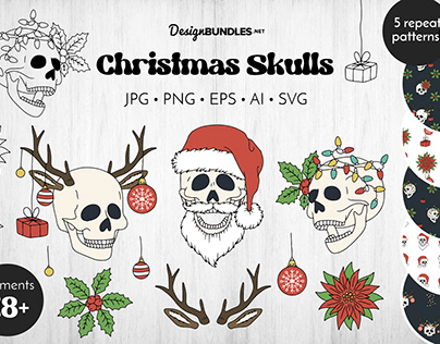 Hand Drawn Christmas Skulls Illustrations and Patterns