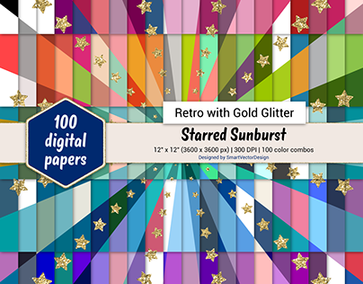 Retro with Gold Glitter Starred Sunburst Pattern
