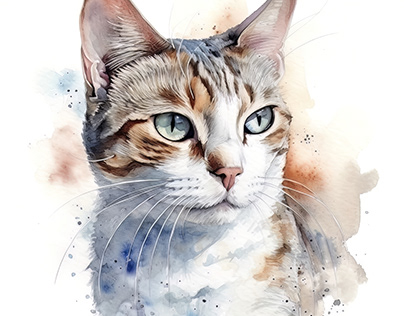 Domestic Shorthair Cat Portrait Watercolor Painting
