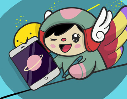 Kawaii illustration. Space Girl drawing on tablet!