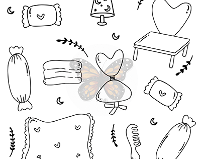 Hand Drawn Cute Bed Room Element With Outline Style