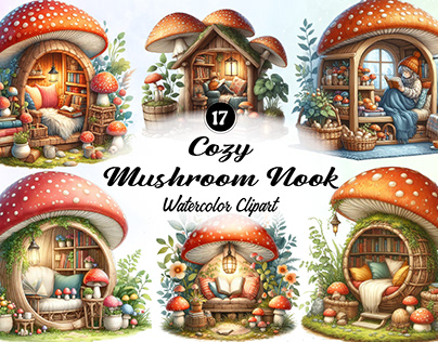 cozy Mushroom nook Watercolor Clipart