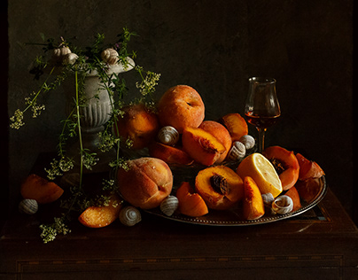 still life with peaches and snail shells