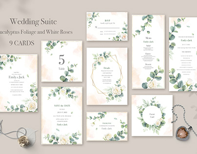 Wedding Eucalyptus Watercolor Suite and White Roses