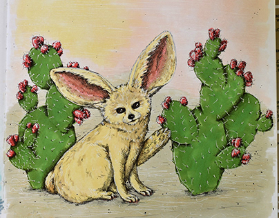 Fenek i kaktusy/Fennec fox and cacti