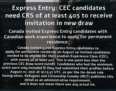 Exxence india:CEC candidates need CRS of at least 403.