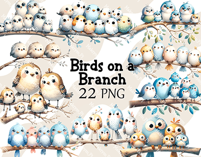 Funny Whimsical Quirky Birds on a Branch Clipart Bundle