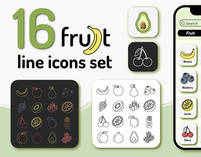 16 fruit line icons set
