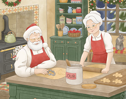 Christmas illustration with Santa and Mrs. Claus