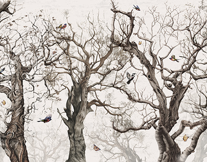 forest of dry trees in autumn with birds