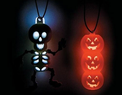 The glow stick necklace features a dancing skeleton
