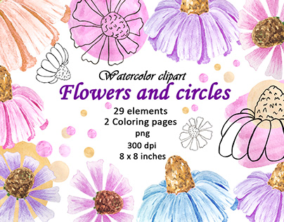 Watercolor Flowers Fill Circles Clipart