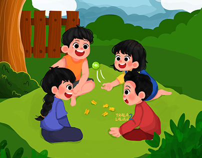 Illustration children playing "Bola bekel""