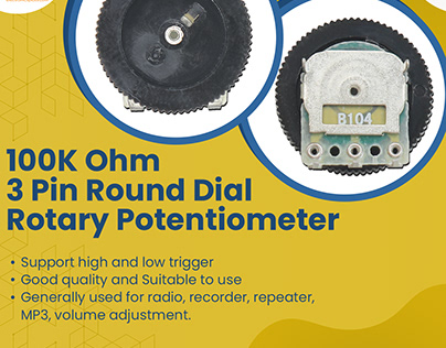 100K Ohm 3 Pin Round Dial Rotary Potentiometer