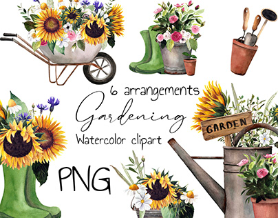 Watercolor gardening arrangements set