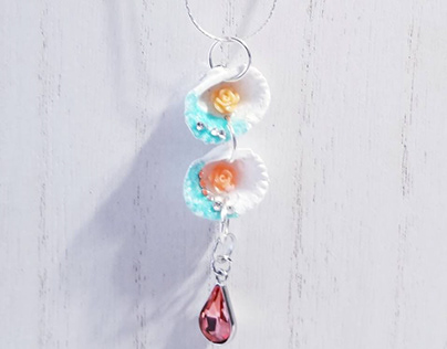 Hand made seashell necklace, two tier orange and blue