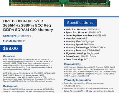 HPE 850881-001 32GB 2666MHz 288Pin ECC Reg DDR4 SDRAM
