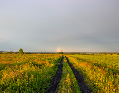 Countryside, rainbow, road