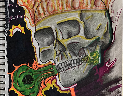 Drawing, skull, crown of fire, toxic, black light
