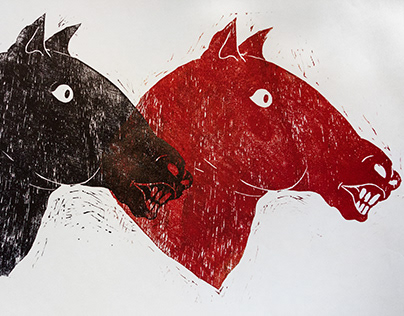 Farm creatures in black and red - woodcuts