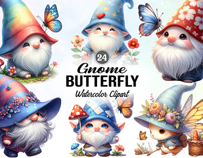 Butterfly Gnome Watercolor Clipart